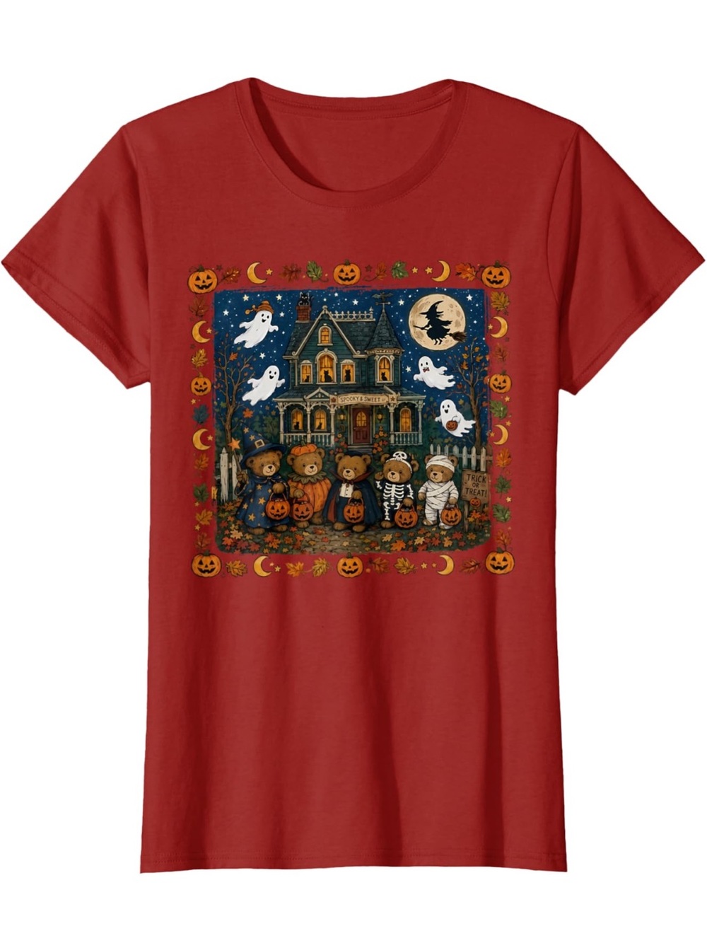 Red Halloween Graphic Tee with Trick-or-Treat 90’s bears
